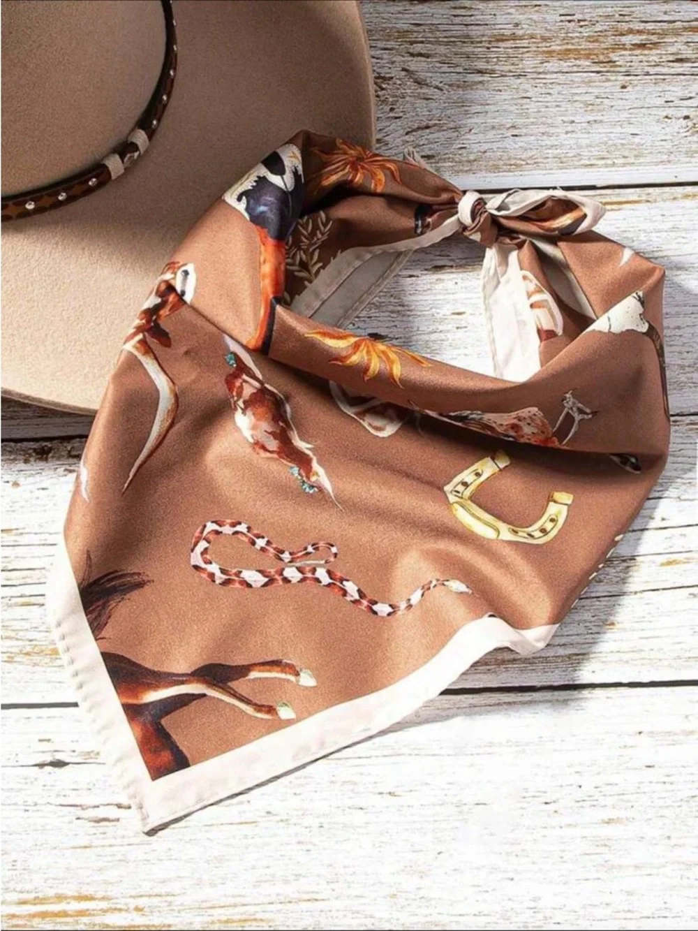 Silky Brown Western Print Bandana Scarf